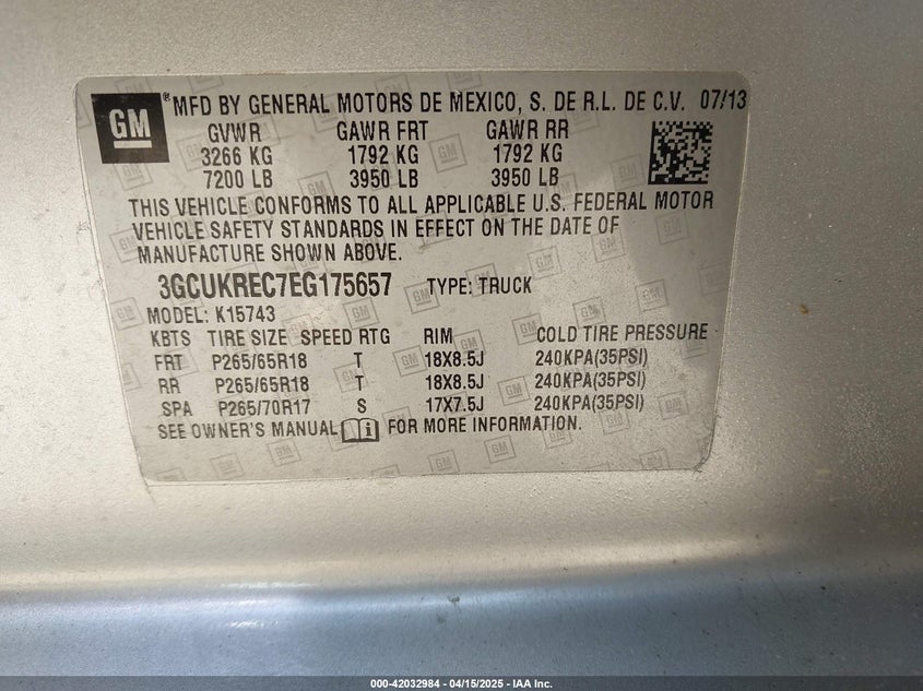 2014 CHEVROLET SILVERADO 1500 VIN: 3GCUKREC7EG175657