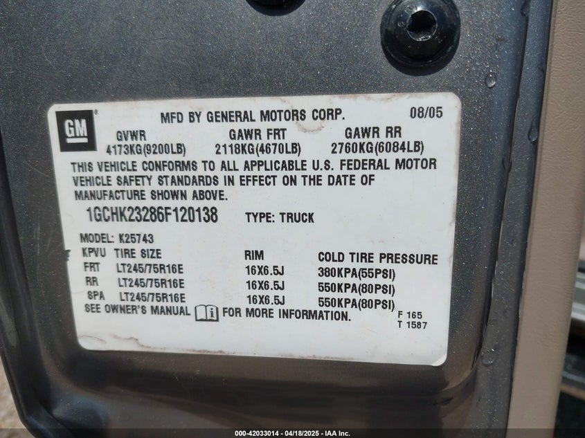 2006 CHEVROLET SILVERADO VIN: 1GCHK23286F120138