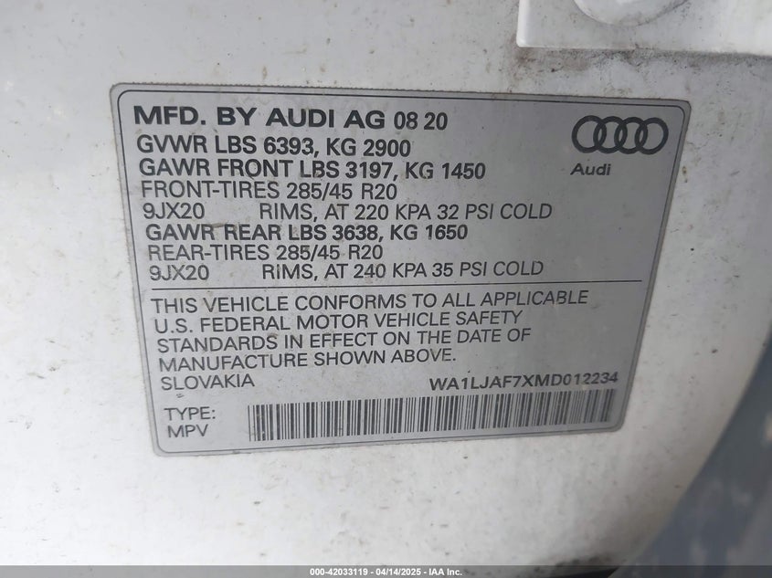2021 AUDI Q7 VIN: WA1LJAF7XMD012234