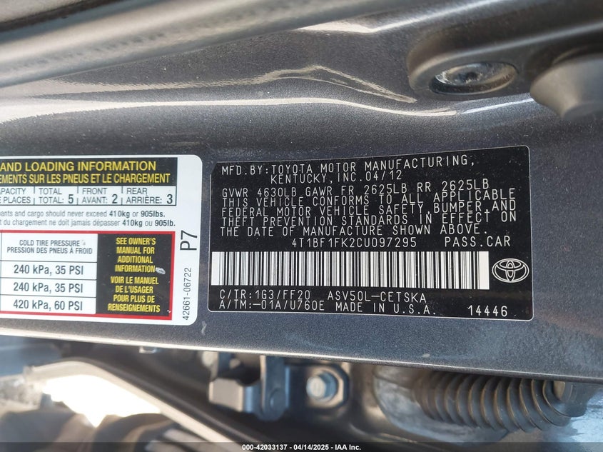 2012 TOYOTA CAMRY VIN: 4T1BF1FK2CU097295
