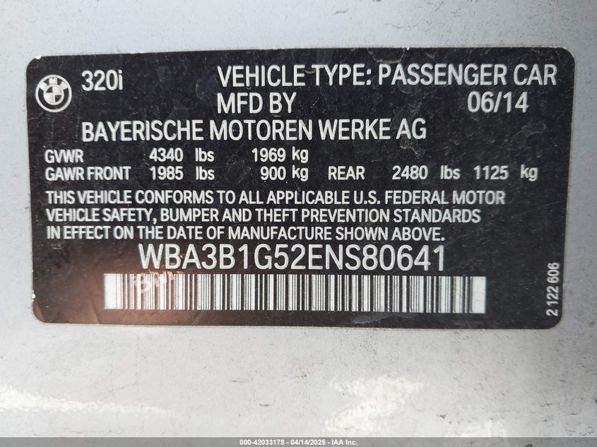 2014 BMW 320I VIN: WBA3B1G52ENS80641