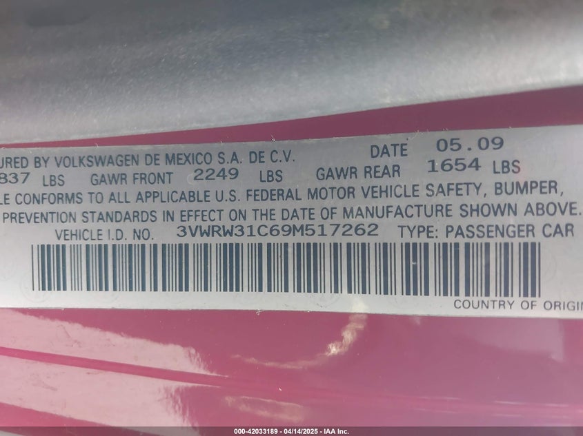 2009 VOLKSWAGEN NEW BEETLE VIN: 3VWRW31C69M517262