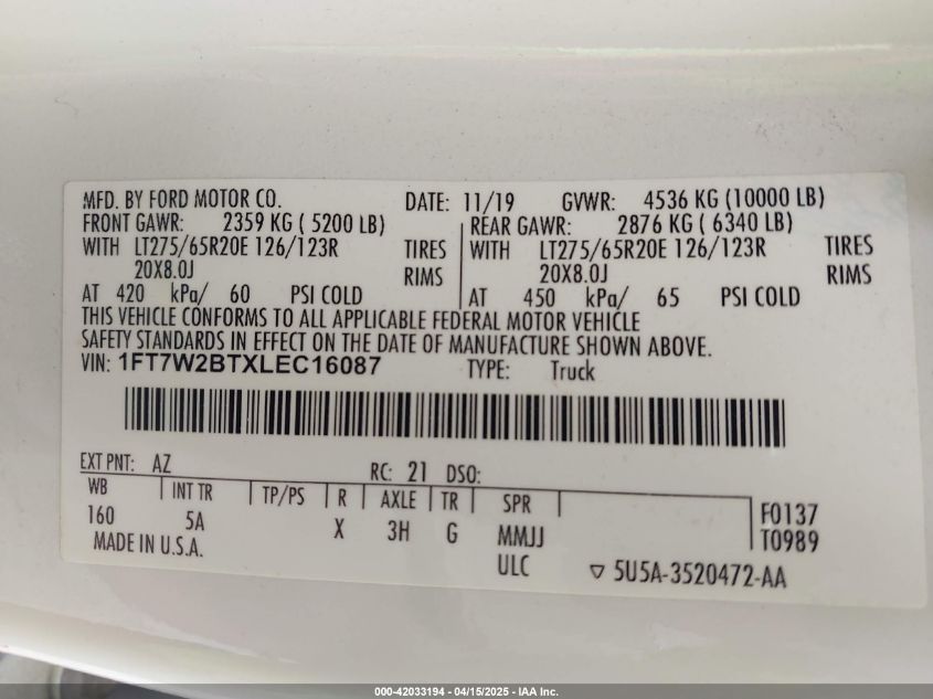 2020 Ford F-250 - 1FT7W2BTXLEC16087