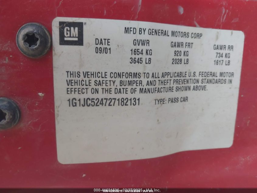 2002 Chevrolet Cavalier VIN: 1G1JC524727182131 Lot: 42033215