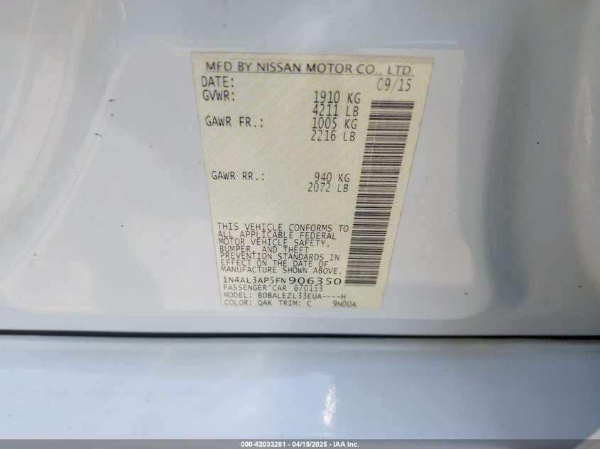 2015 NISSAN ALTIMA VIN: 1N4AL3AP5FN906350
