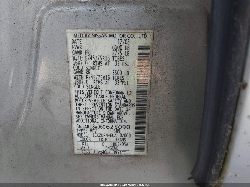 1996 Nissan Pathfinder VIN: 5E1AR18W06C625090 Lot: 42033313