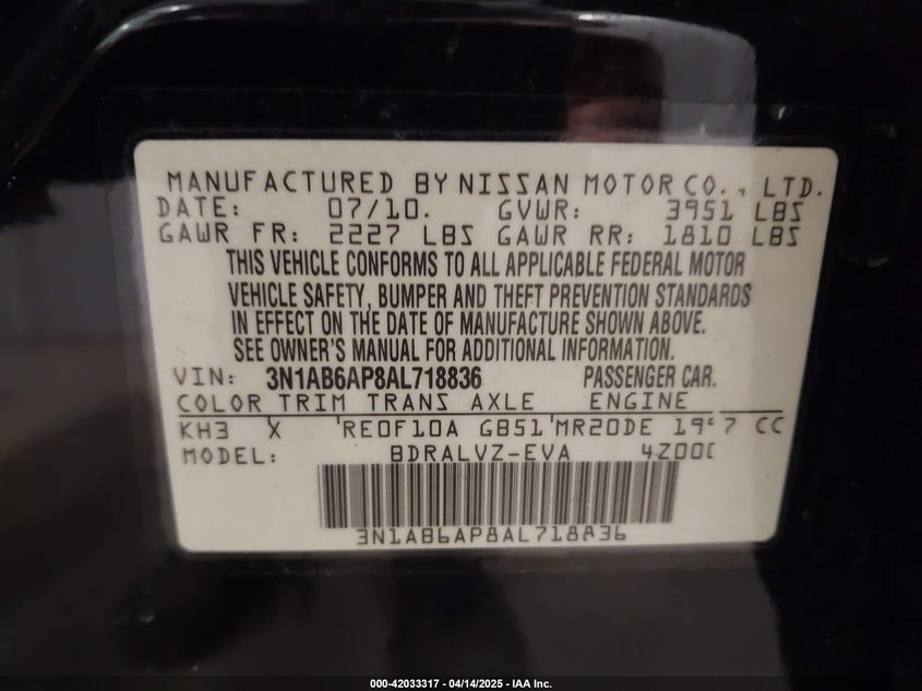 2010 NISSAN SENTRA VIN: 3N1AB6AP8AL718836