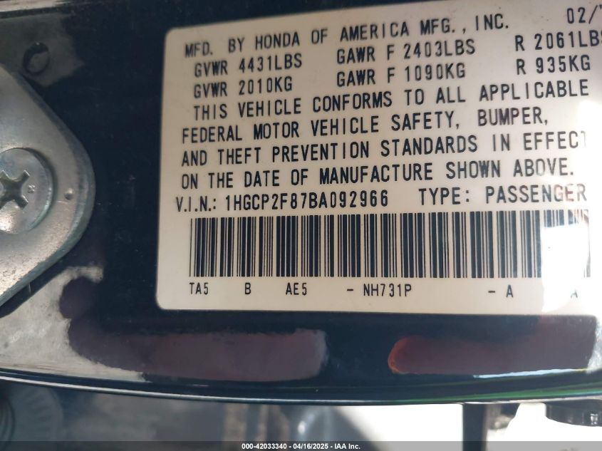 2011 Honda Accord 2.4 Ex-L VIN: 1HGCP2F87BA092966 Lot: 42033340