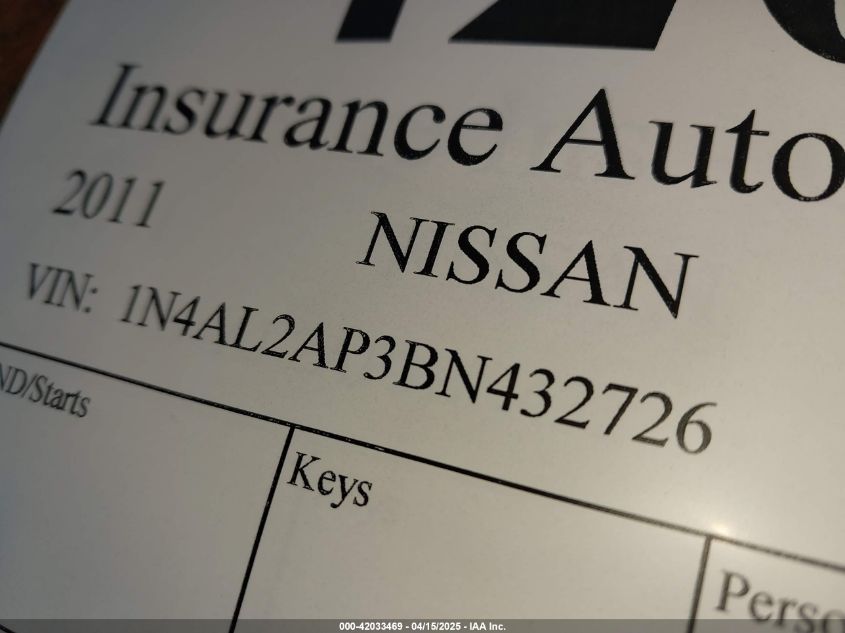 2011 Nissan Altima 2.5 S VIN: 1N4AL2AP3BN432726 Lot: 42033469