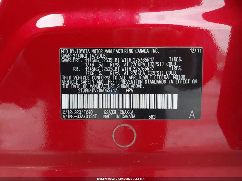 2011 Toyota Rav4 Base V6 VIN: 2T3BK4DV7BW065412 Lot: 42033546