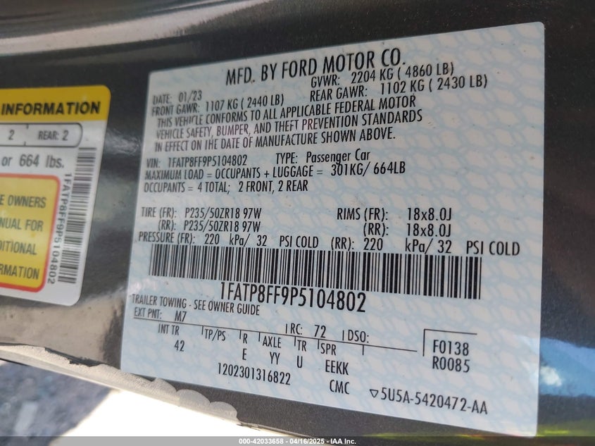 2023 FORD MUSTANG VIN: 1FATP8FF9P5104802
