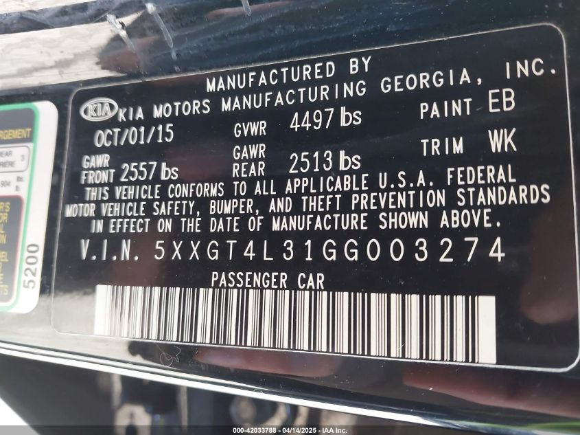 2016 Kia Optima Lx VIN: 5XXGT4L31GG003274 Lot: 42033788