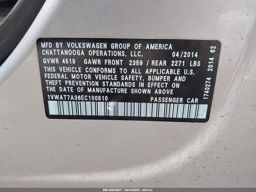 2014 VOLKSWAGEN PASSAT VIN: 1VWAT7A36EC100510