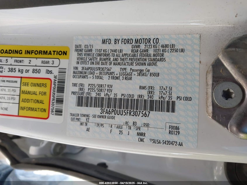 2015 FORD FUSION HYBRID VIN: 3FA6P0UU5FR307567