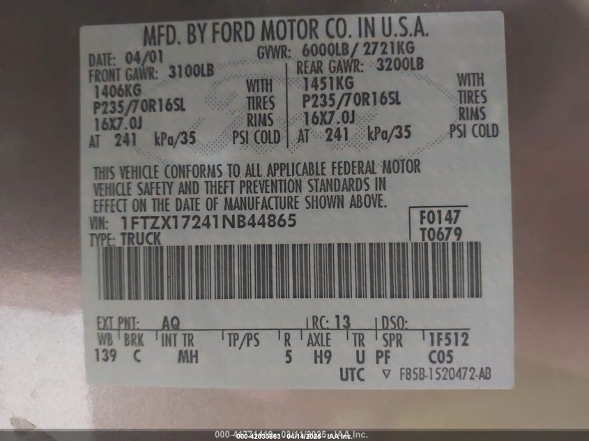 2001 Ford F-150 Xl/Xlt VIN: 1FTZX17241NB44865 Lot: 42033863