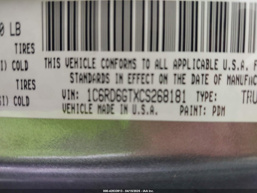 2012 DODGE RAM 1500 VIN: 1C6RD6GTXCS268181