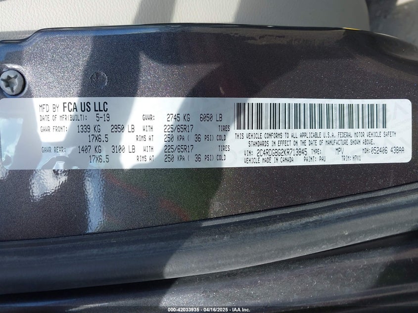 2019 DODGE GRAND CARAVAN SE - 2C4RDGBG2KR713845