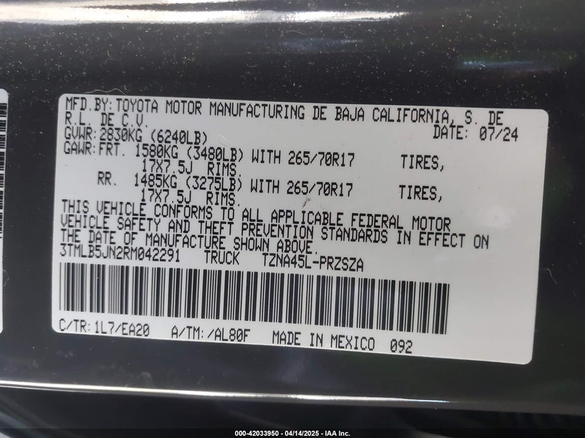 2024 TOYOTA TACOMA VIN: 3TMLB5JN2RM042291