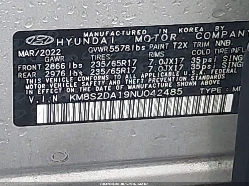 2022 HYUNDAI SANTA FE HYBRID VIN: KM8S2DA19NU042485