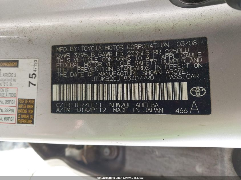 2008 Toyota Prius VIN: JTDKB20U183407790 Lot: 42034083