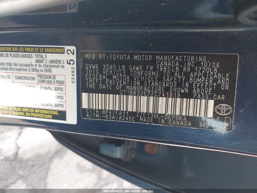 2007 Toyota Corolla Ce VIN: 2T1BR32E77C741819 Lot: 42034111