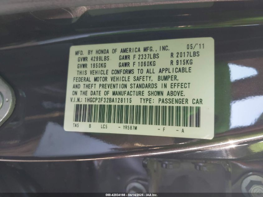 2011 Honda Accord 2.4 Lx VIN: 1HGCP2F32BA128115 Lot: 42034166