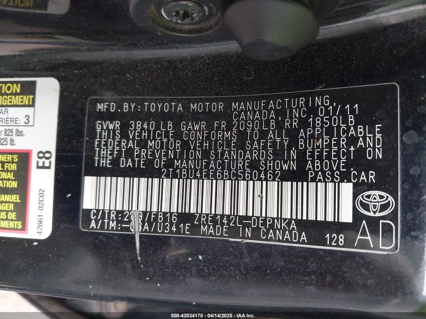 2011 TOYOTA COROLLA VIN: 2T1BU4EE6BC560462