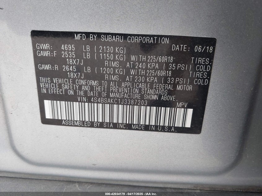 2018 Subaru Outback 2.5I Limited VIN: 4S4BSAKC1J3387203 Lot: 42034179