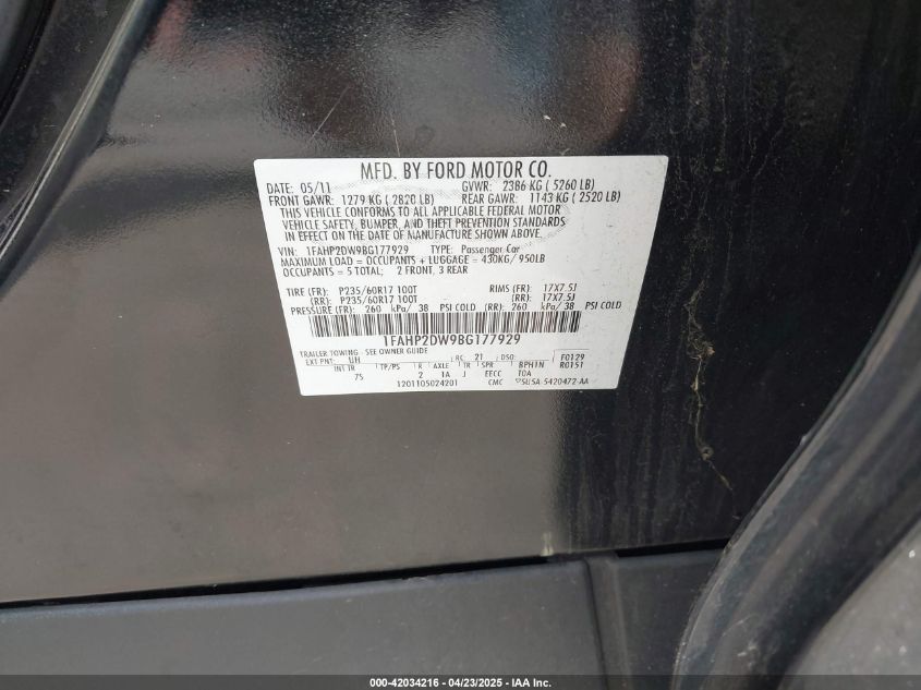 2011 Ford Taurus Se VIN: 1FAHP2DW9BG177929 Lot: 42034216