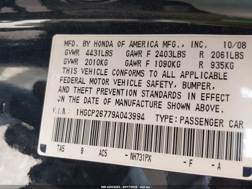 2009 HONDA ACCORD VIN: 1HGCP26779A043994