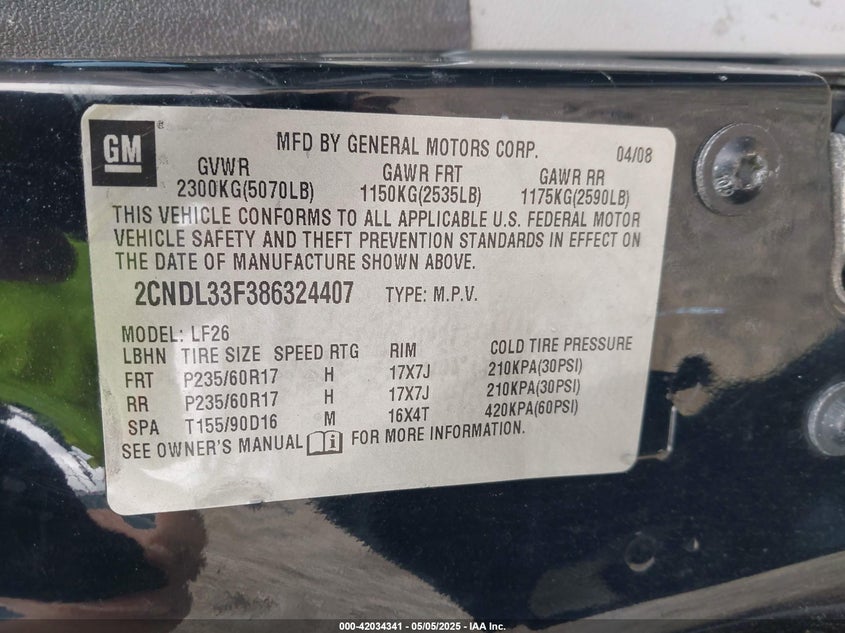 2008 CHEVROLET EQUINOX VIN: 2CNDL33F386324407