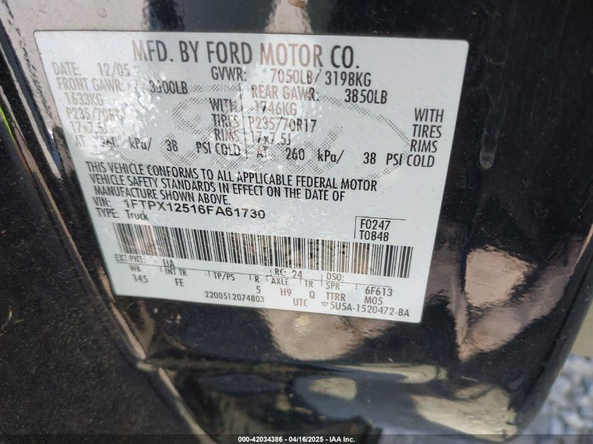 2006 Ford F150 VIN: 1FTPX12516FA81730 Lot: 42034386