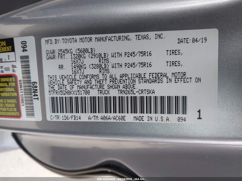2019 TOYOTA TACOMA VIN: 5TFRX5GN8KX151700
