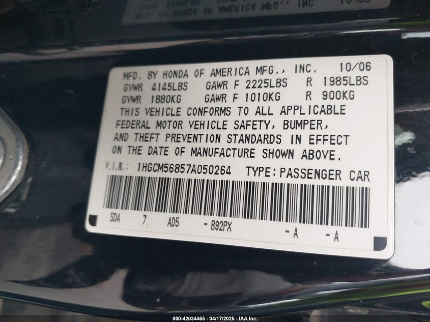 2007 HONDA ACCORD VIN: 1HGCM56857A050264