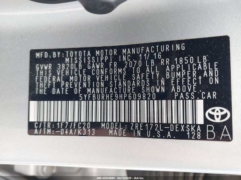 2017 Toyota Corolla Se VIN: 5YFBURHE9HP609820 Lot: 42034669