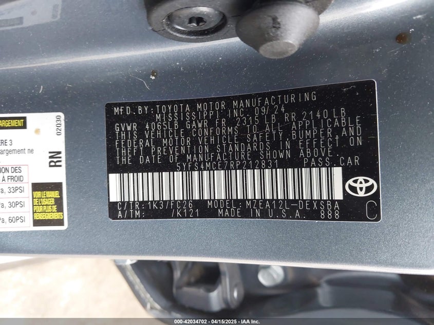 VIN 5YFS4MCE7RP212831 2024 TOYOTA COROLLA SE