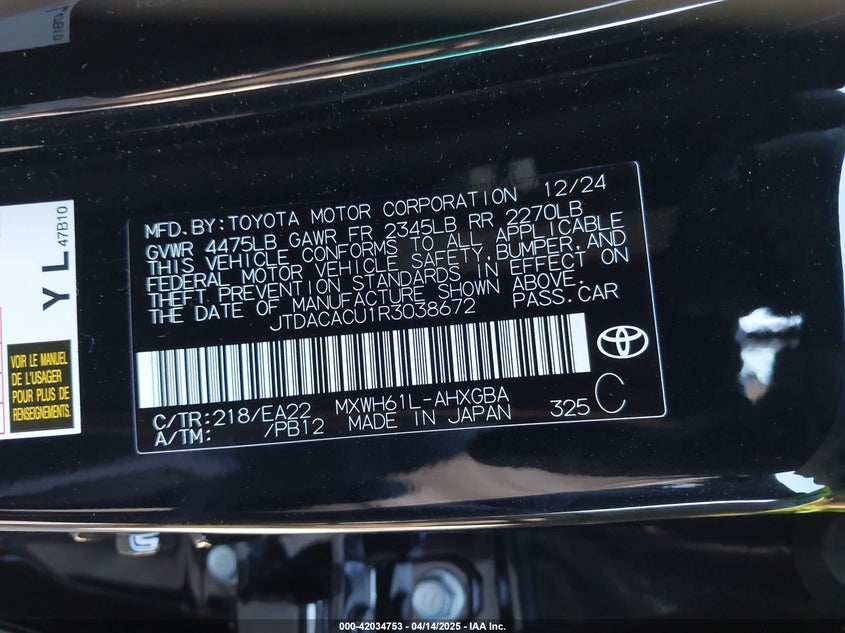 2024 TOYOTA PRIUS PRIME VIN: JTDACACU1R3038672
