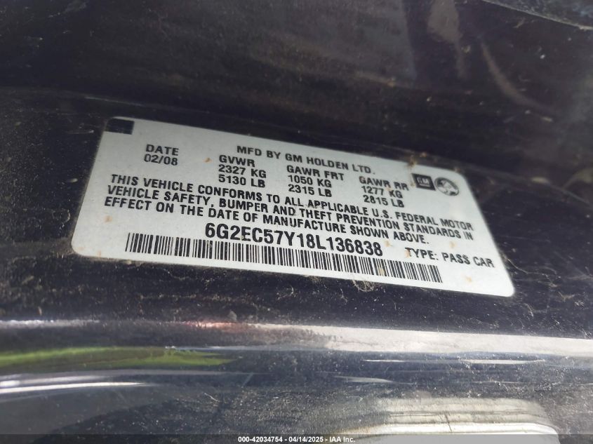 2008 Pontiac G8 Gt VIN: 6G2EC57Y18L136838 Lot: 42034754