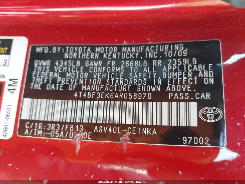 2010 Toyota Camry Le VIN: 4T4BF3EK6AR058970 Lot: 42034962