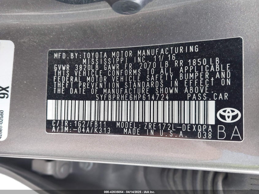 2017 TOYOTA COROLLA LE ECO - 5YFBPRHE6HP614724