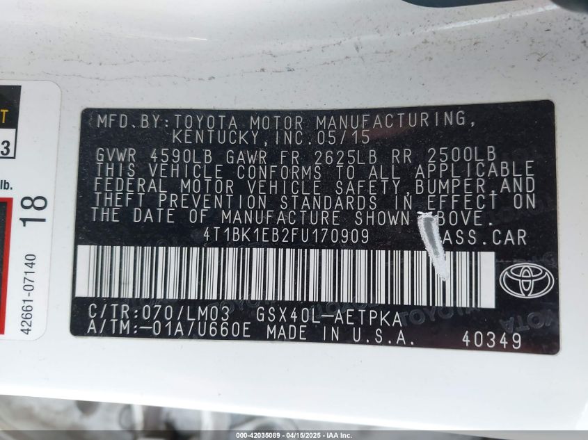 2015 Toyota Avalon Limited VIN: 4T1BK1EB2FU170909 Lot: 42035089