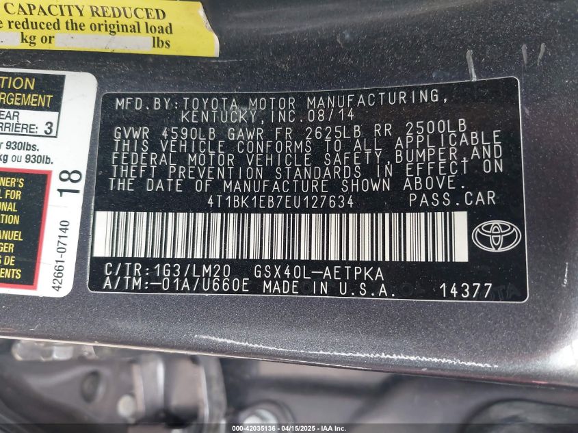 2014 Toyota Avalon Limited VIN: 4T1BK1EB7EU127634 Lot: 43169965