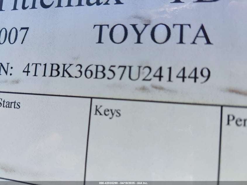 2007 TOYOTA AVALON VIN: 4T1BK36B57U241449
