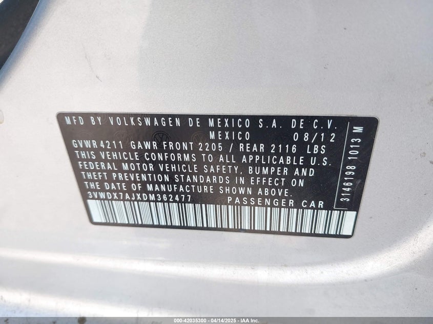 2013 VOLKSWAGEN JETTA VIN: 3VWDX7AJXDM362477
