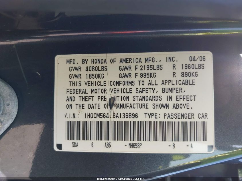 2006 Honda Accord 2.4 Lx VIN: 1HGCM56476A136896 Lot: 42035305