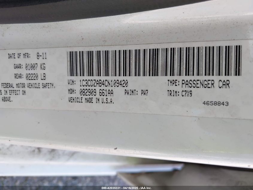 2012 Dodge Avenger Se VIN: 1C3CDZAB4CN109420 Lot: 42035331