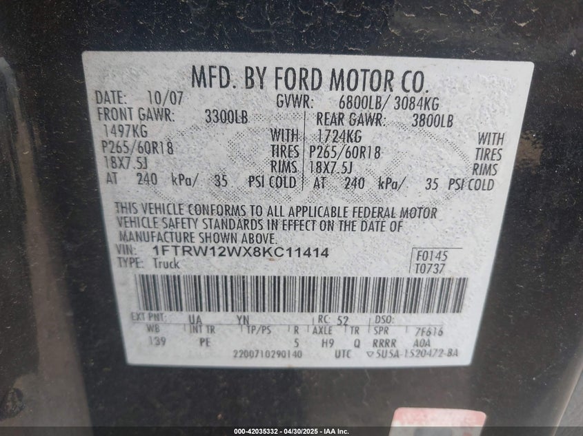 2008 FORD F-150 VIN: 1FTRW12WX8KC11414