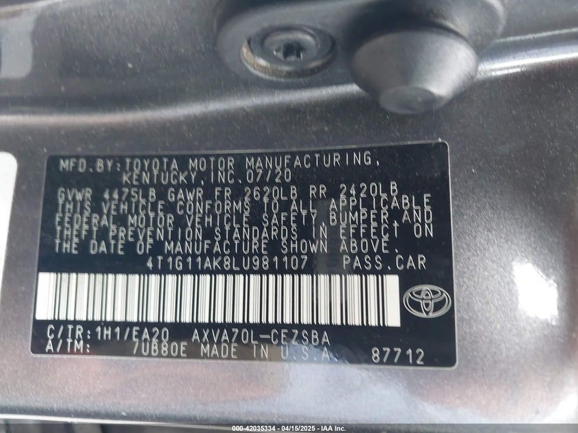2020 TOYOTA CAMRY VIN: 4T1G11AK8LU981107