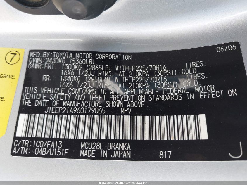 2006 Toyota Highlander V6 VIN: JTEEP21A960179065 Lot: 42035359