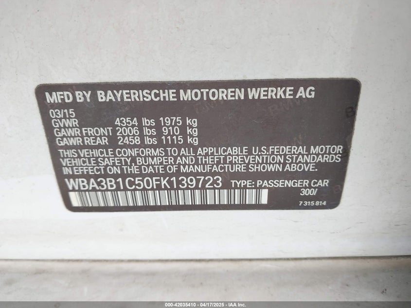 2015 BMW 320I VIN: WBA3B1C50FK139723